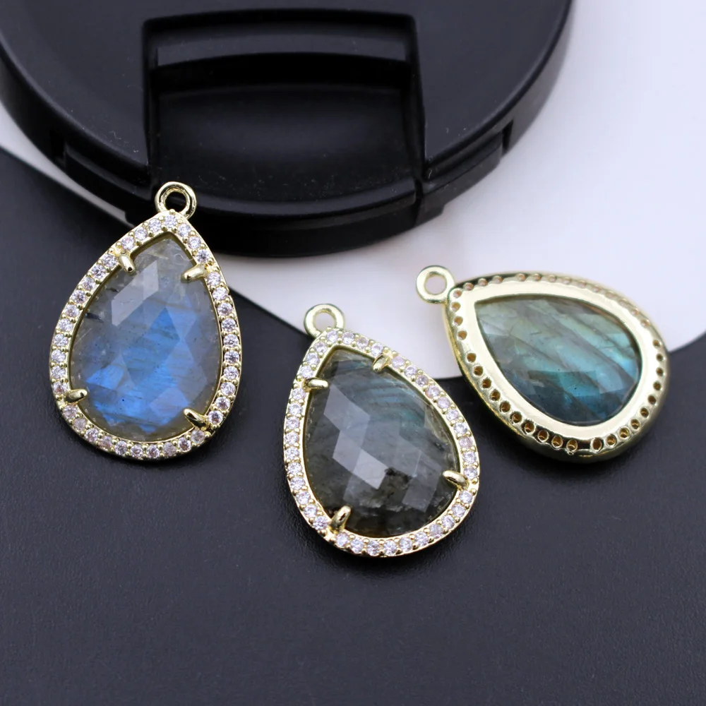6pcs Teardrop Faceted Natural Amazonite Labradorite Stone CZ Drops Pendant Charms DIY for Women Earrings Necklace Making
