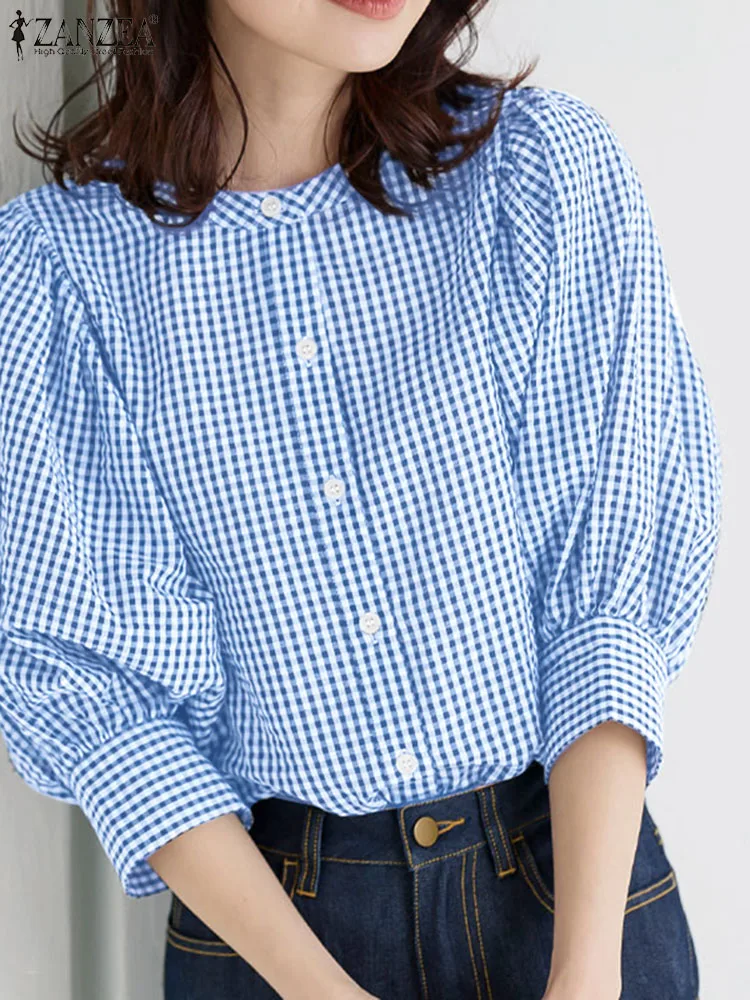 ZANZEA Spring Vintage 3/4 Sleeve Blouse Casual Buttons Down Tops Female Women Plaid Checked Shirt Holiday Party Blusas Mujer