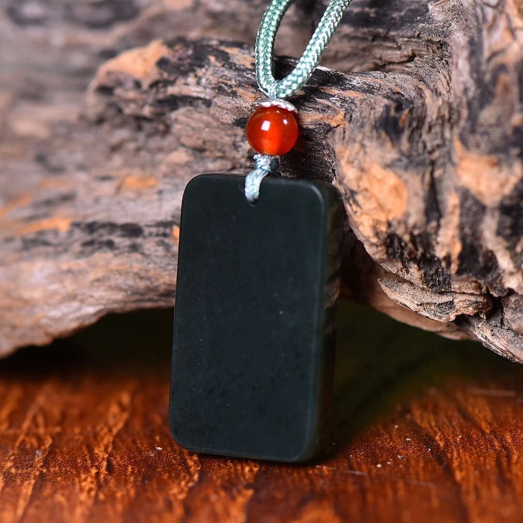 

20*34mm Genuine China Nephrite Stone Green Hetian Jade Rectangular Blank Pendant Necklace Men Women Lucky Charms Amulets