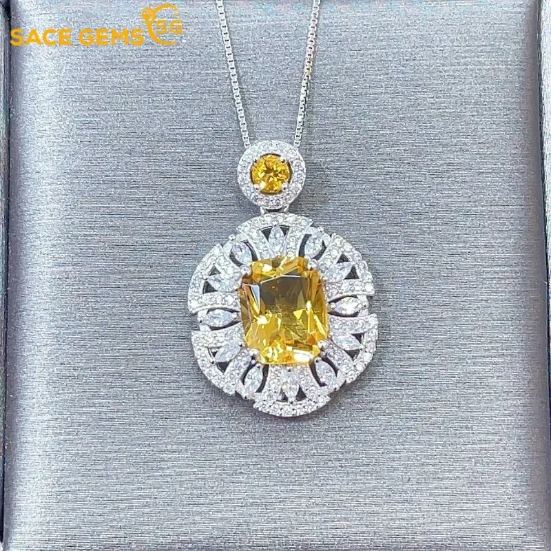 

SACEGEMS 925 Sterling Silver Certified 8*10MM Natual Citrine Pendant Necklaces for Womne Engagement Cocktail Party Fine Jewelry