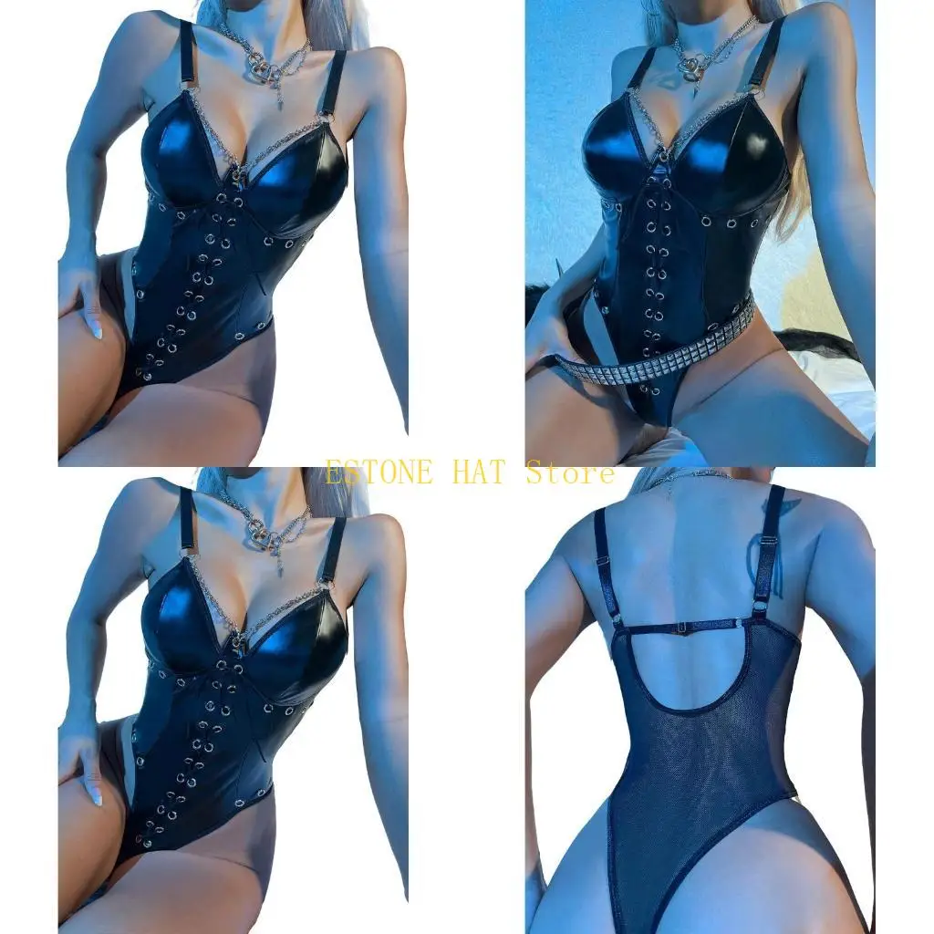 

49MF Sexy Suspender Lingerie Jumpsuit Sexy Babydoll Lingerie Leather Bodysuit
