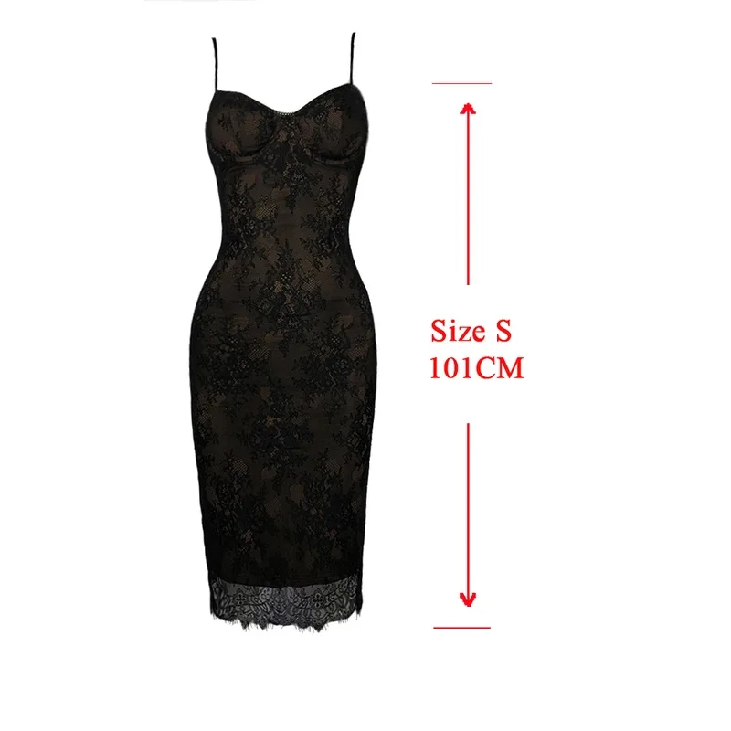 Suninheart Knee Length Lace Spaghetti Strap Dress Sexy Bodycon Party Dresses Black Slim Birthday Night Women Clothing