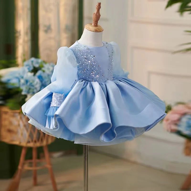 Gorgeous Blue Crewneck Pearl Short Evening Dress Flying Sleeve Girl Dress Children Piano Performance Canopy Skirt 0-8Y