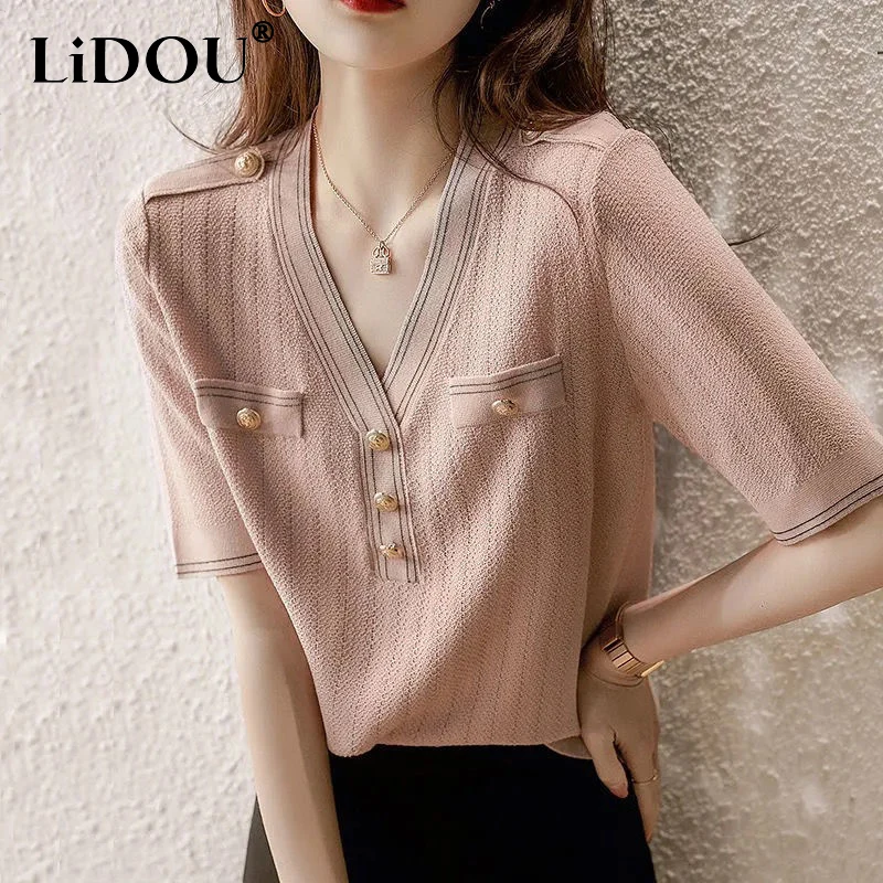 2023 Summer New Casual Fashion V-neck Solid Simple Knitting Tee Female Short Sleeve Pullover Top Women All-match Buttons T-shirt