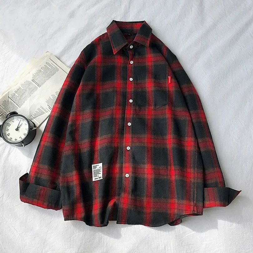 Spring Autumn Long Sleeve Black Plaid Blouse Men Slim Fit Cotton Korean Casual Shirts Men Clothing Brand M-3XL Oversized Shirt