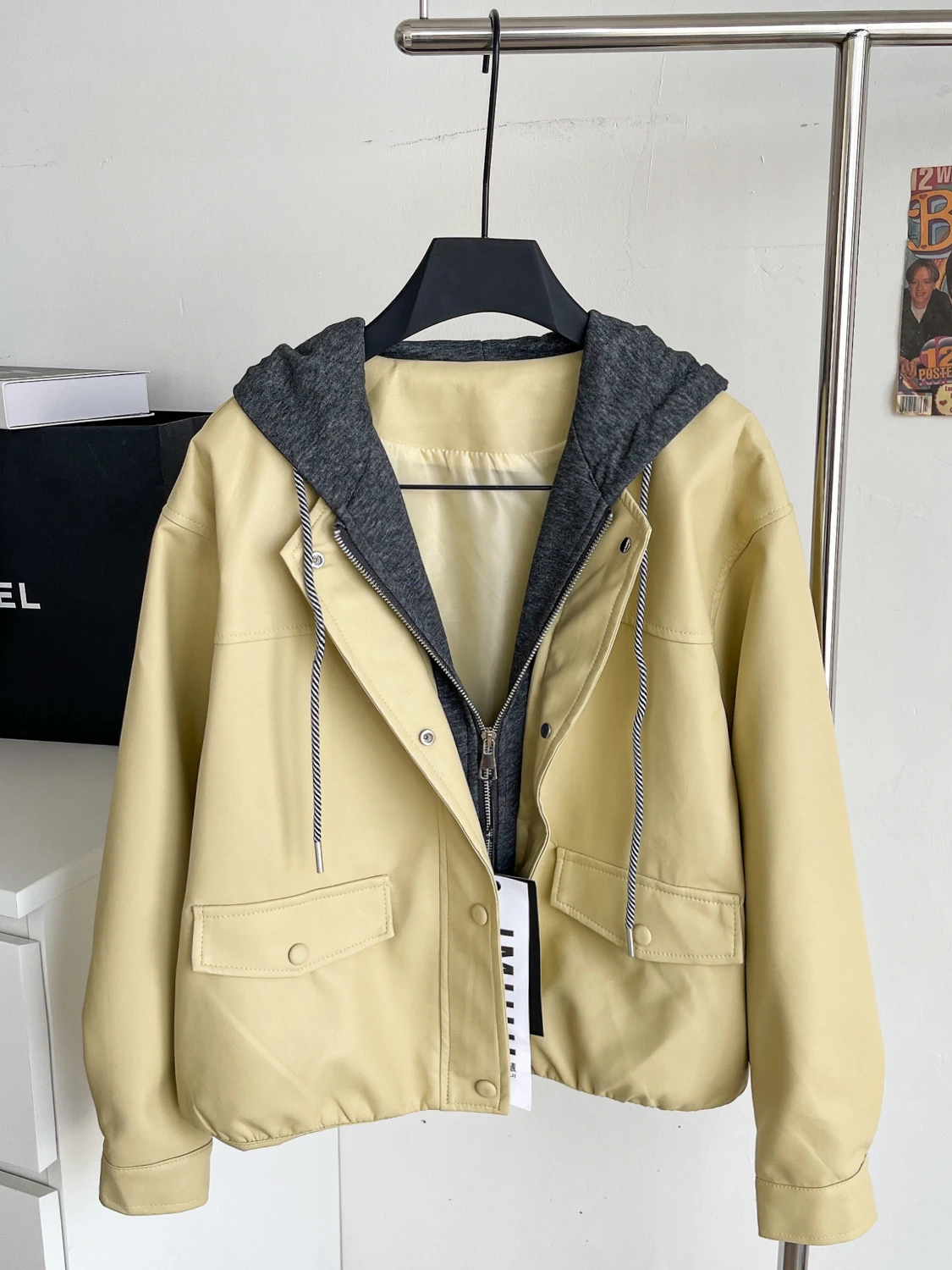 Casual Faionable Korean Sle Women's Leather Jaet Coat Hooded Patchwork Loose Fit Fall Season Versatile Trendy Outerwear