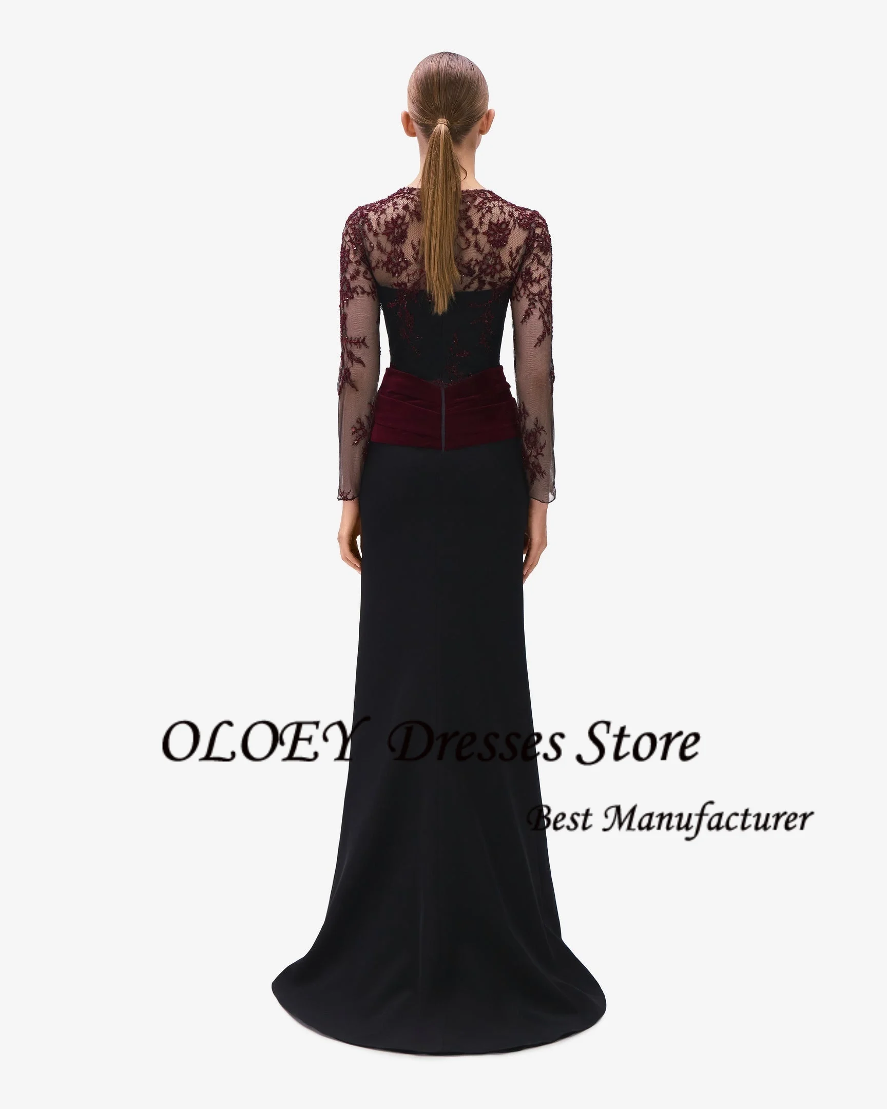 OLOEY O-neck Jersey Straight Evening Dress Full Sleeves With Lace Party Dress Floor Length Prom Gown Side High Slit Customized