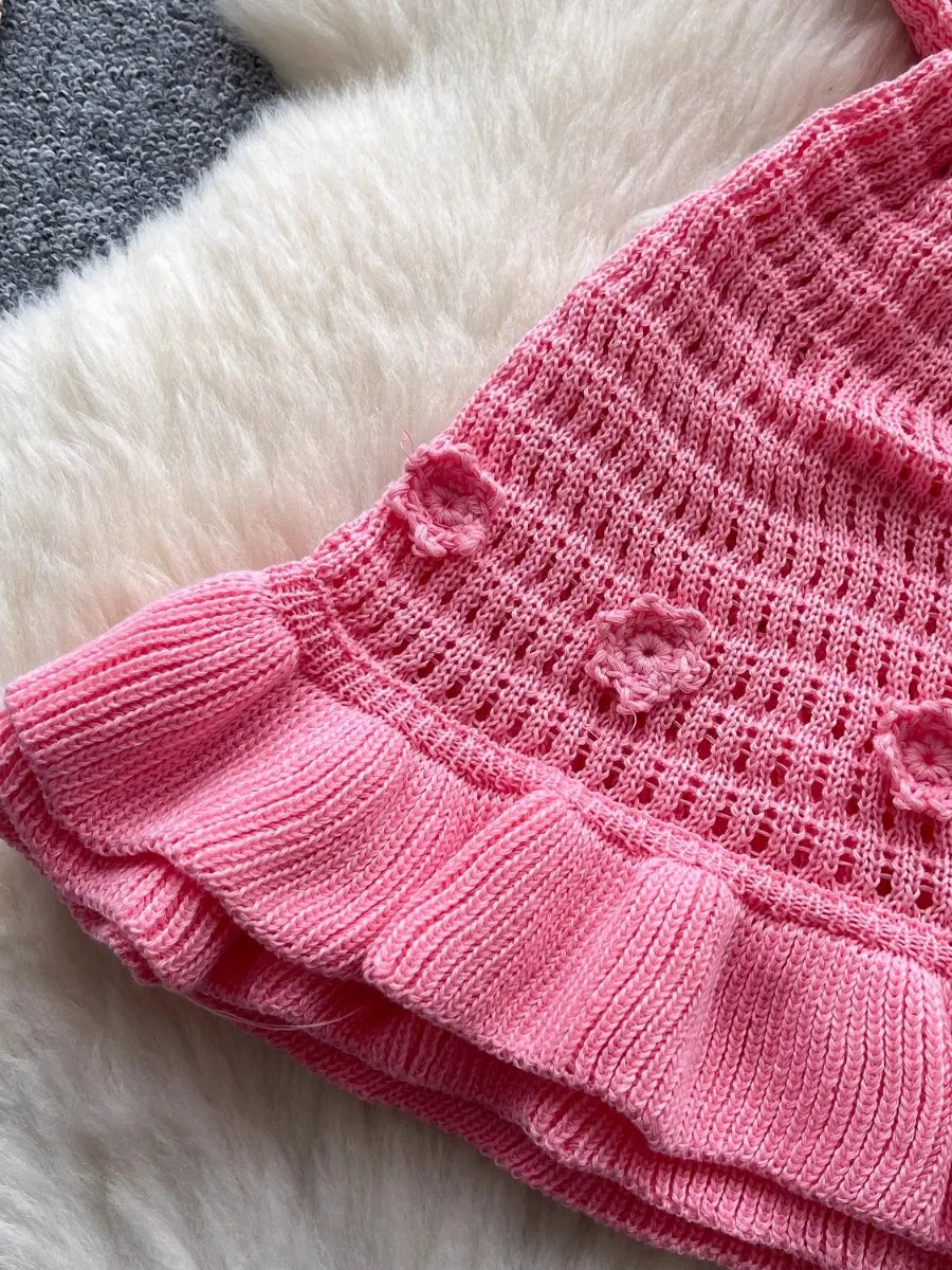 Foamlina Summer Ruffle Knit Dress Women Sexy Chid Girl's Halter Bodycon 3D Floral Cinched Waist Mini A-line Dress Holiday