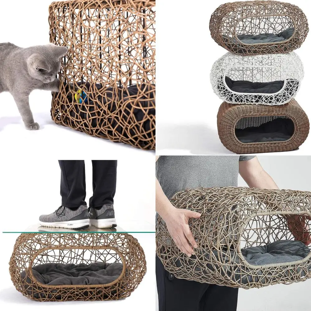 

Stackable Interactive Cat Condo - Faux Rattan Indoor Playhouse with Pet-Friendly Entry and Enclosed Bed