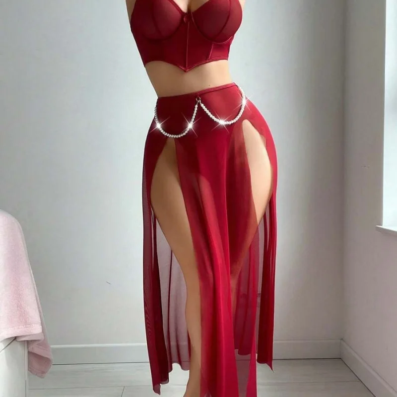 

3Set Women's Sexy Lingerie Sexy See-through Mesh Suspender Dress Slit Pajamas Suit