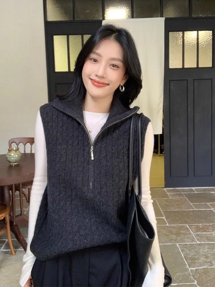 

Korean Sle ey Twist Zipper Collar Knitted Svel Vest Women's Autumn Winter Layering oulder Top Outerwear Thi