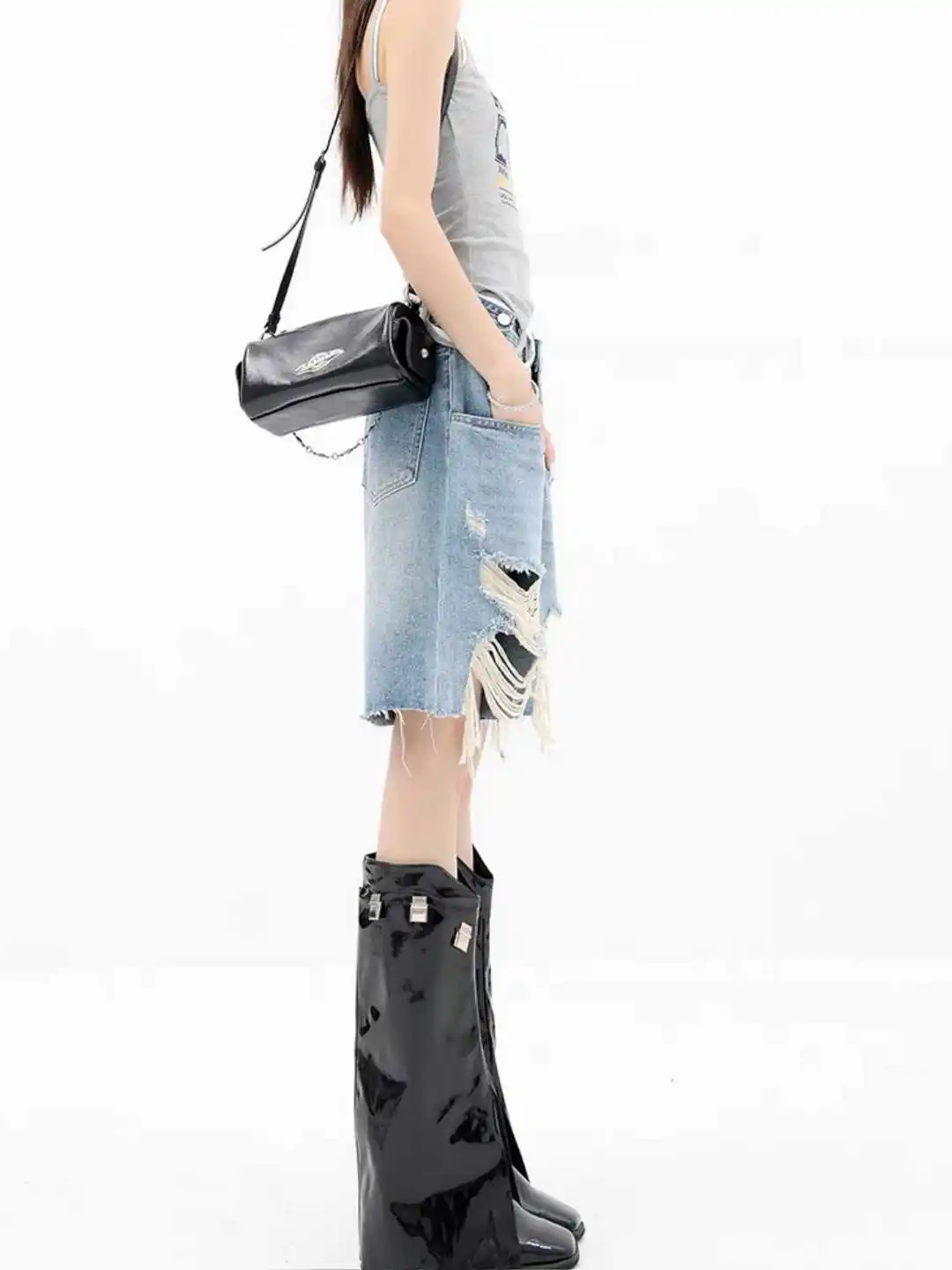 Summer Women American Boyfriend Ripped Denim Shorts Y2K 2000s Japanese Punk Harajuku Streetwear Tide Jean Knee Length Pants New view 4