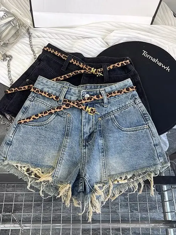 American Style High Waist Dark Grey Denim Super Short Women's plus Size Loose Slimming Frayed Hem Wrap around Hot Pants