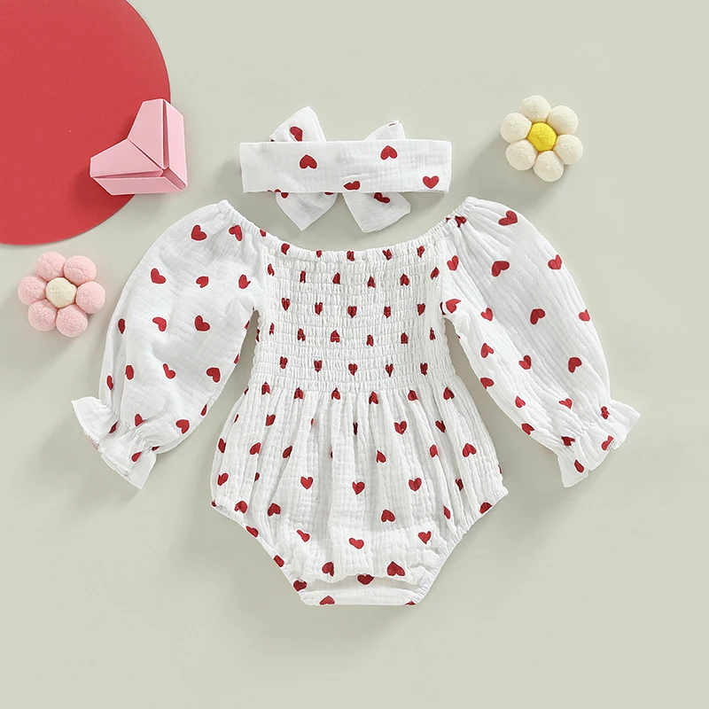 0-18M Baby Girls Valentine\'s Day Romper Heart Print Long Sleeve Boat Neck Jumpsuits Infant Spring Fall Bodysuits with Headband