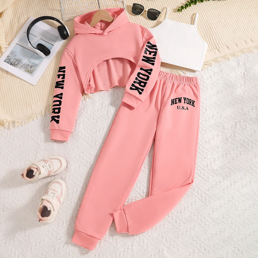 Children\'s clothing Spring and Autumn fashion girls\' set letter printed pink hooded sweatshirt+white vest+pink pants 3 prceset