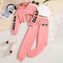 Children's clothing Spring and Autumn fashion girls' set letter printed pink hooded sweatshirt+white vest+pink pants 3 prceset