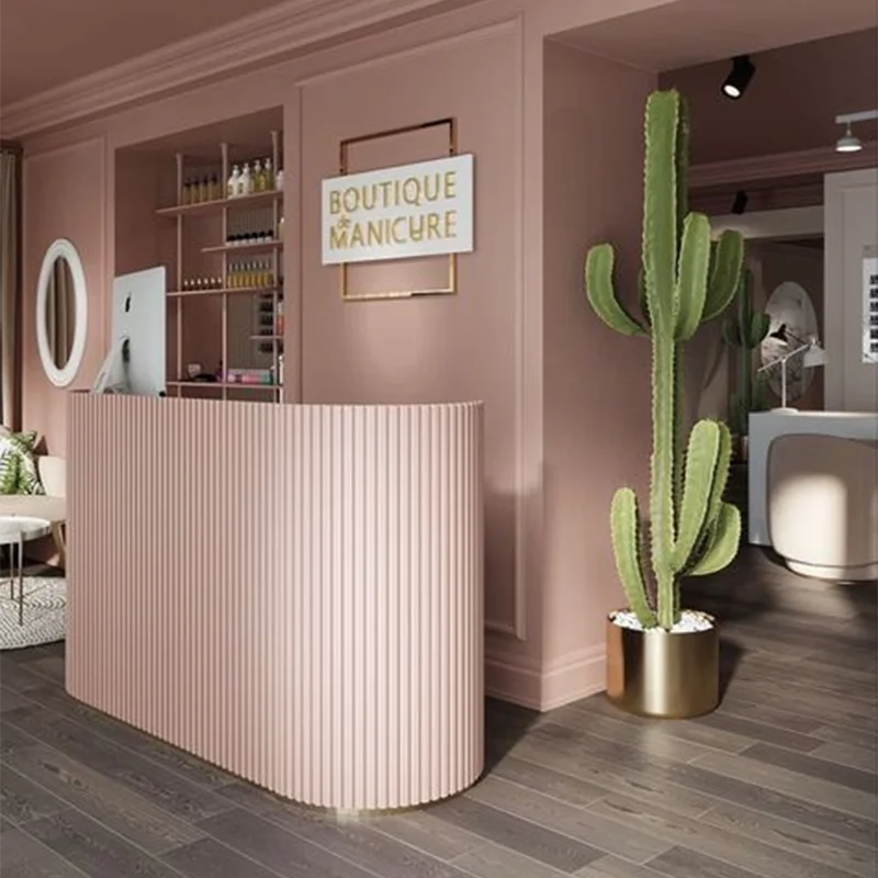 

Modern Luxury Pink Beauty Salon Spa Wooden Reception Desk Gold Frame Front Desk Reception Counter