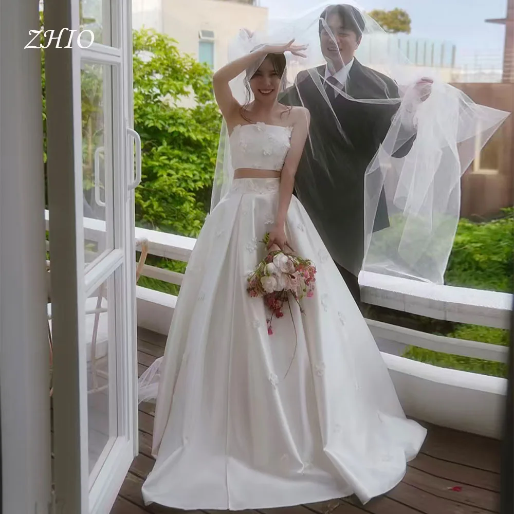 ZHIO Elegant Flowers 2PCS Wedding Party Dress Strapless A-Line Floor Length Ivory Taffeta Korea Photo Shoot Bridal Gown Custom