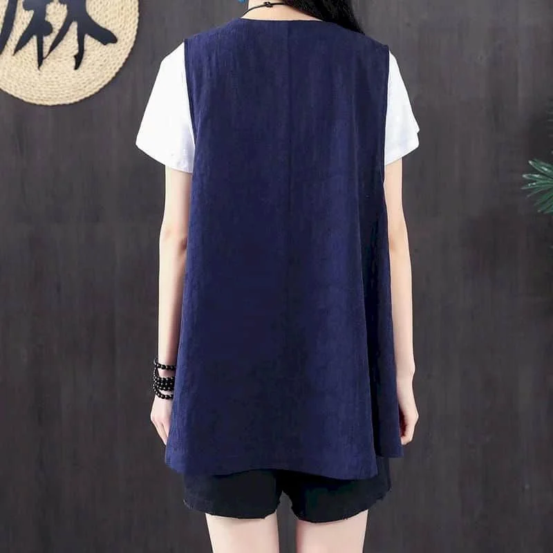 Sleeveless Vest for Women Tops Cotton Linen Solid Casual Loose Tanks V-neck Single Breasted Korean Style Cardigan Women Clothing