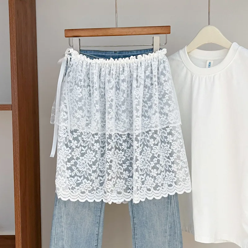 2026 New White Lace Fart Curtain Stacked Skirt Women's New Ballet Style Lace-up Short Skirt High-end Jeans with Skirt