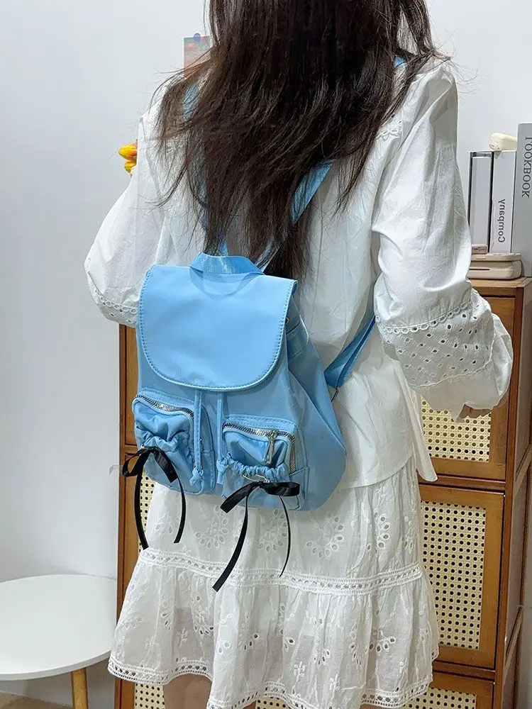 Pocket Bow Preppy Style Nylon Drawstring Backpack Women Schoolbag Y2k Aesthetic Chic Backpacks