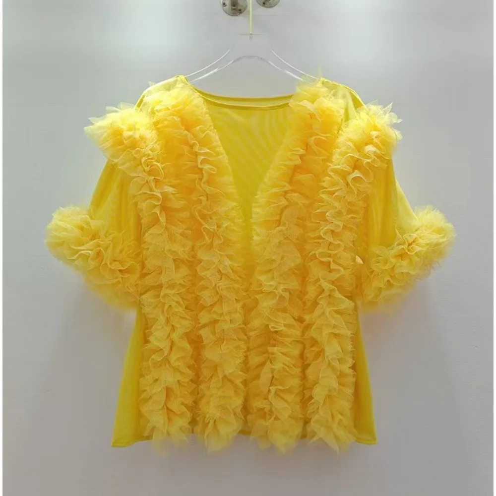 

Fashion sheer blouse with ruffle design, women's mesh top, bright color 3D pleated lace shirt, see-through women's blouse