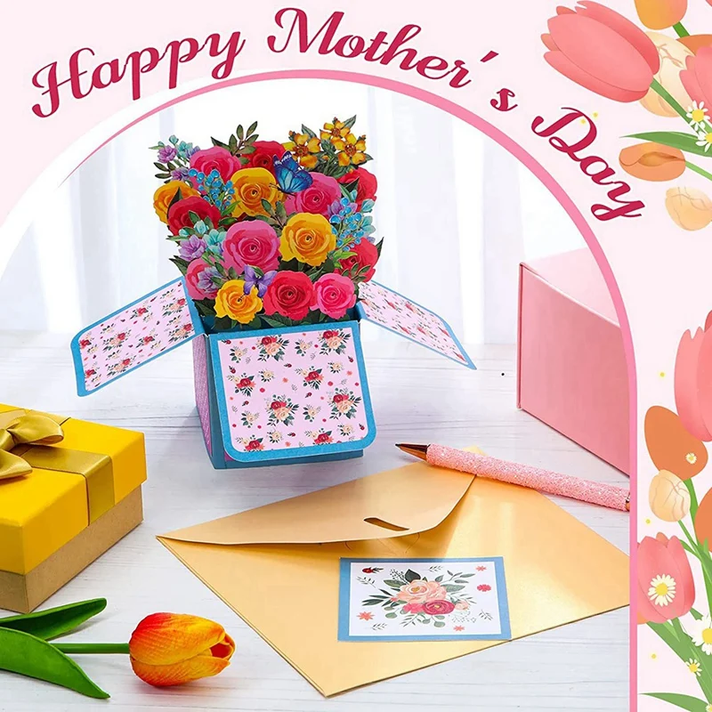 2 Pcs Sunflower Seed Rose -Up Card For Mother's Day 3D Bouquet Envelope For Mothers Day Mom Gifts