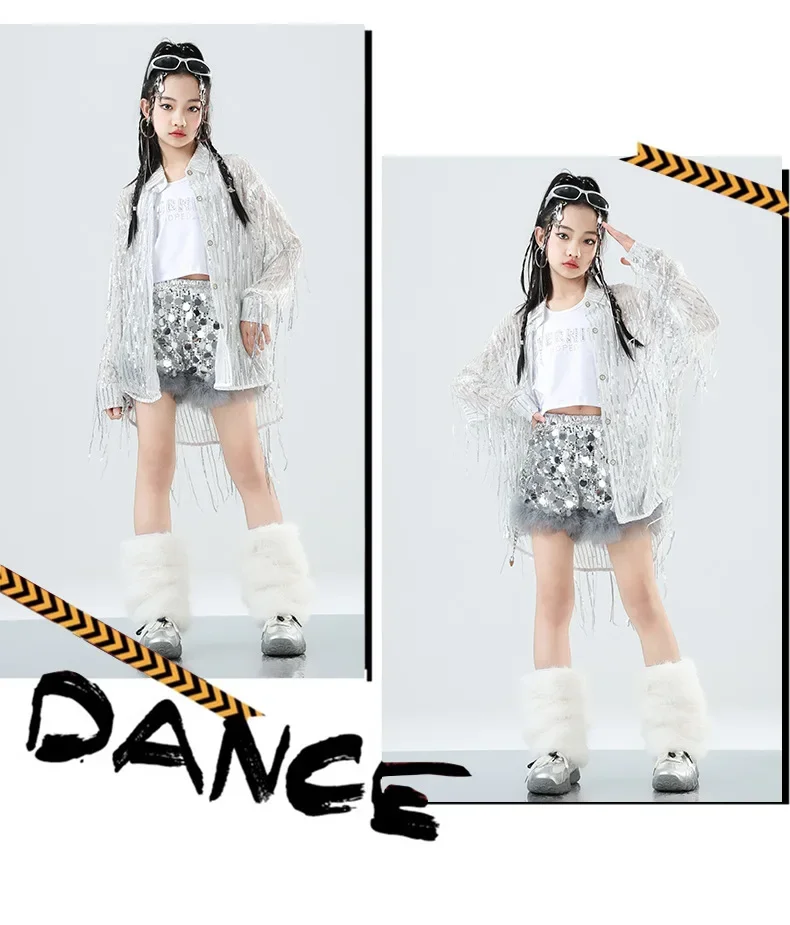 Jazz-Tanzkostüme für Mädchen, glitzernde Pailletten- und Fransenhemden für Kinder, Bühnenoutfit für Gruppenauftritte, Mädchen-Gruppen-Tanzkostüm für die Laufstegbühne. – Detail 4