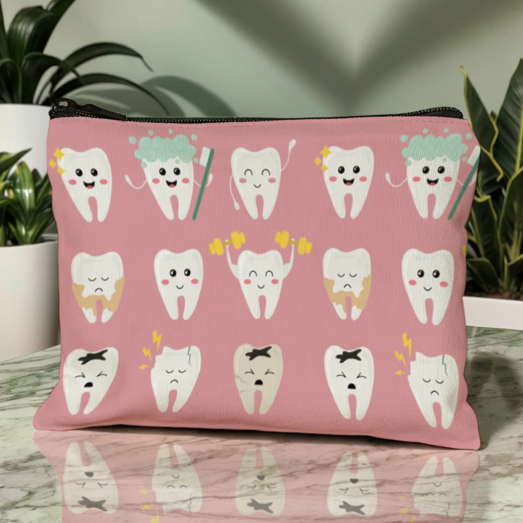 Lovely Playful Mischief Tooth Cosmetic Pouch Dental-Themed Cartoon Teeth with Funny Poses Zippered Makeup Bag for Daily Use