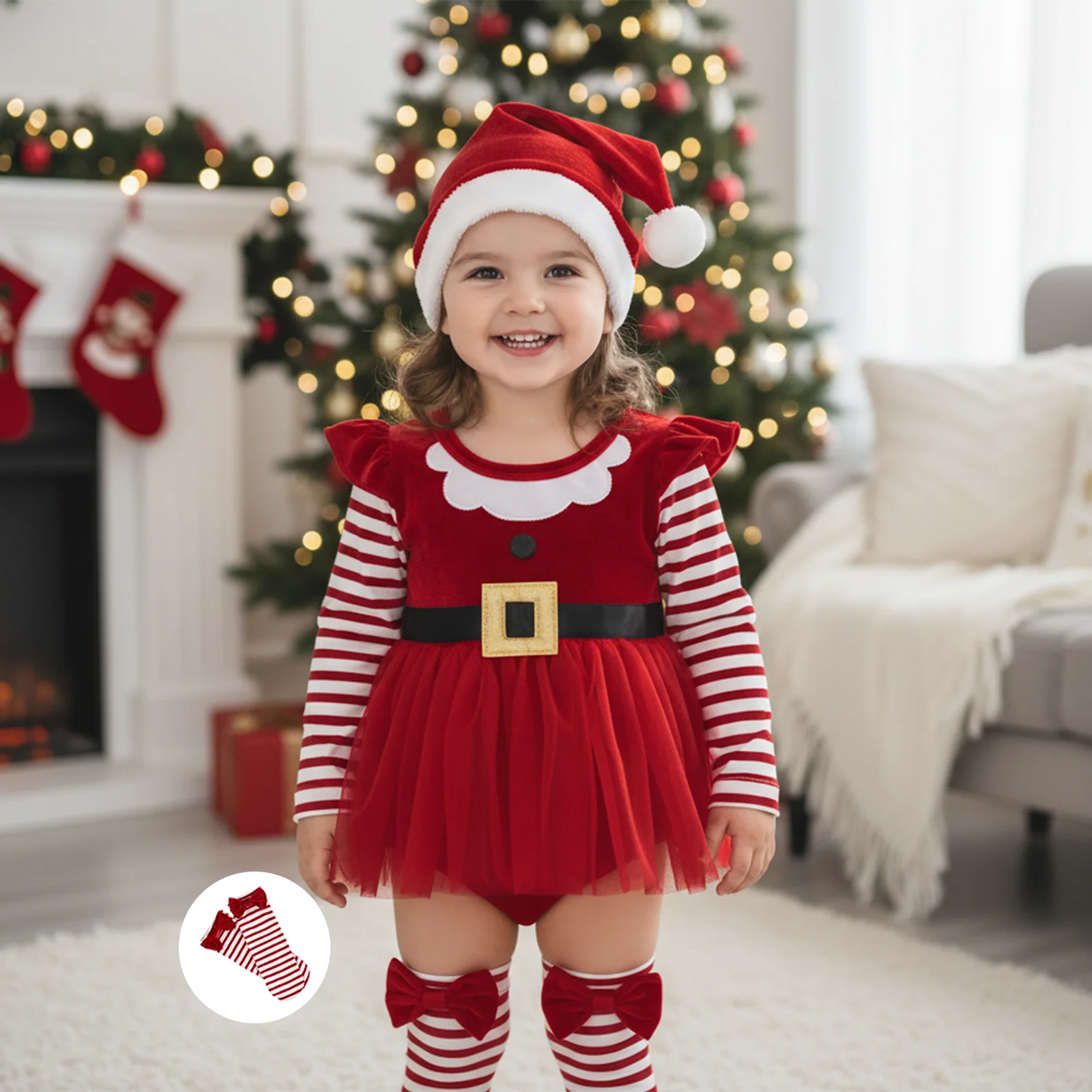 

Baby Clothing Girls Christmas Rompers Outfit Cute Long Sleeve Striped Jumpsuit Hat Leg Warmers 3pcs Clothes Set