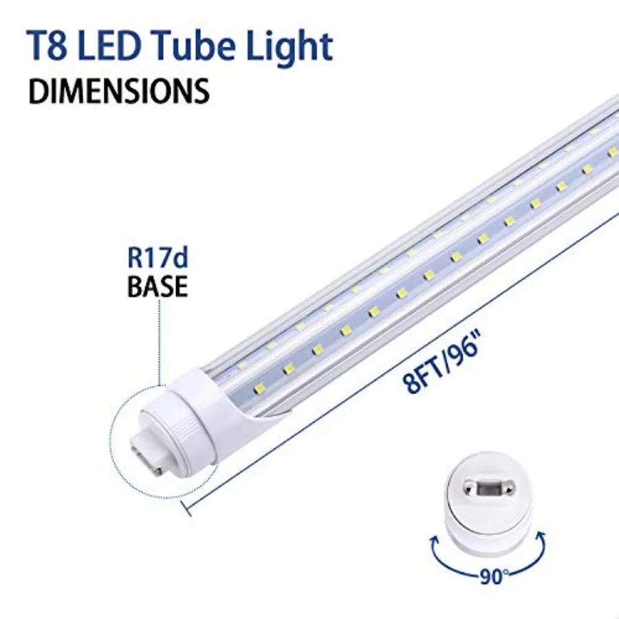 R17D/HO 8Feet LED Bulbs, V Shaped Dual Row Clear Cover 65W 6000K Cold White T8 8Feet LED Tube Light with R17D Rotatable Base, 8