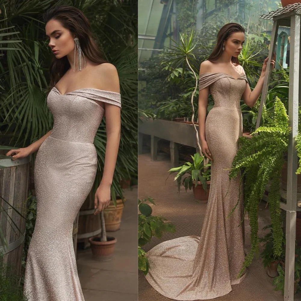 

elegant Off-the-shoulder Sheath Prom Dresses Paillette / Sequins Hugging Satin Floor length sparkle فساتين سهره فاخره party