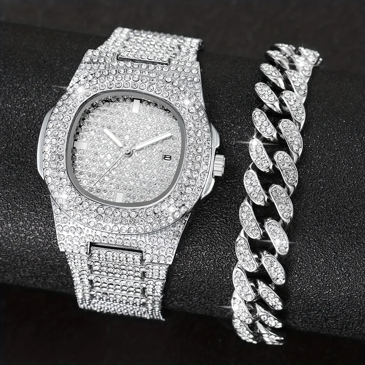 2pcs/set Women\'s Watch Luxury Rhinestone Quartz Watch Analog Stainless Steel Wrist Watch With Bracelet Set, Gift For Mom Her