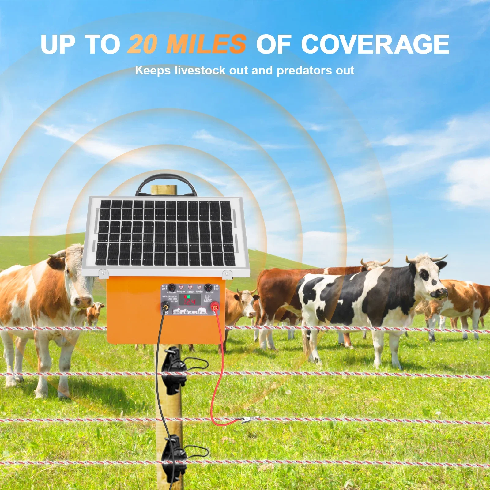 32KM/20 Miles Solar Electric Fence Charger with 5W Solar Panel for Livestock Prevent Predator Invasion with US Plug Farm Tools