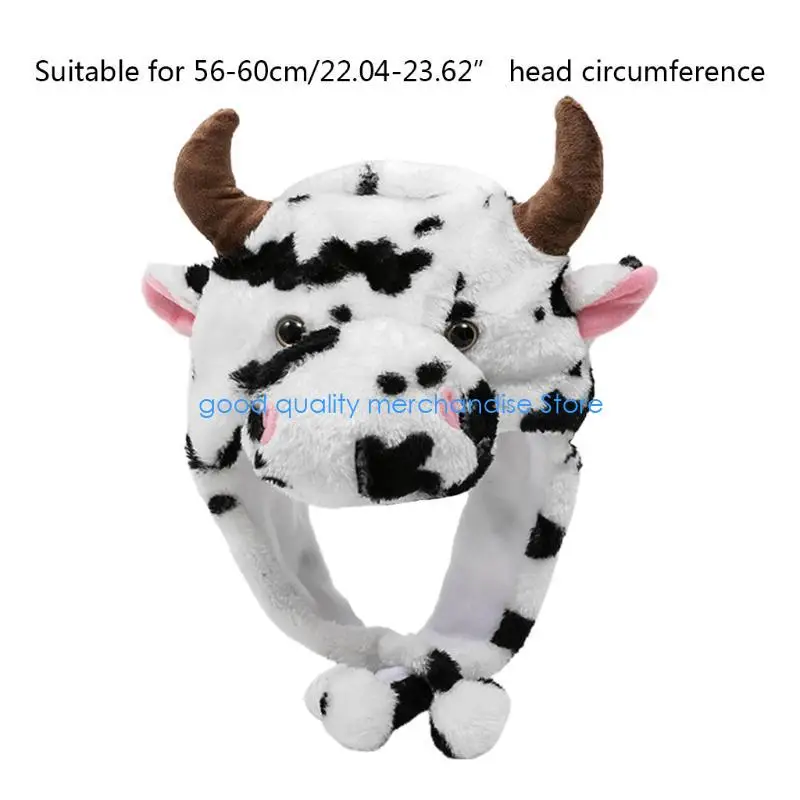 Y5JD هالوين البقرة قبعة أفخم الكرتون القبعات لطيف محشوة الحيوان الكرتون هود قبعة البقرة فروي يندبروف اللباس