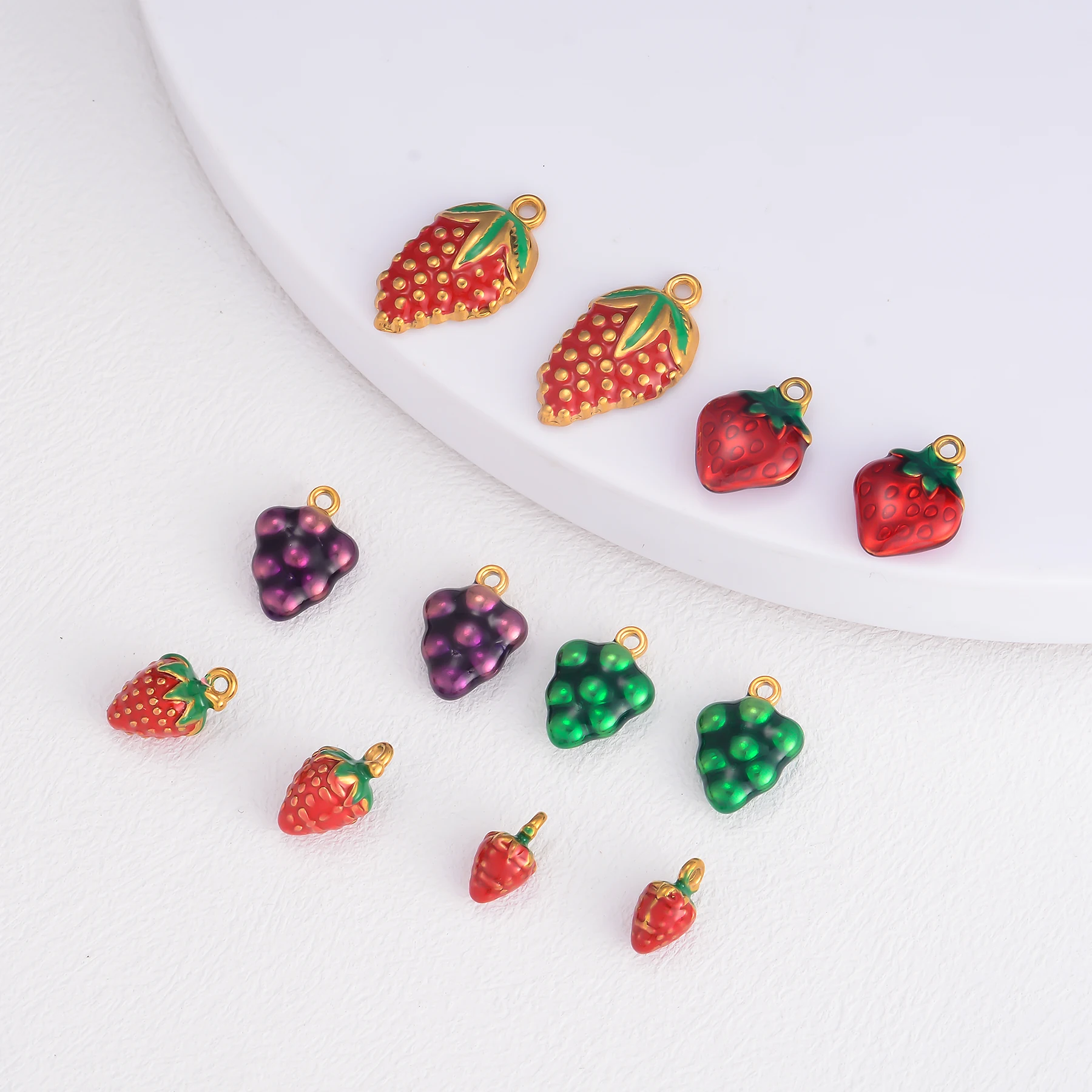 4Pcs/lot Fruit Grape Red Strawberry Enamel Pendant Mini Stainless Steel Charms Gold Color For Women DIY Jewelry Making Necklace