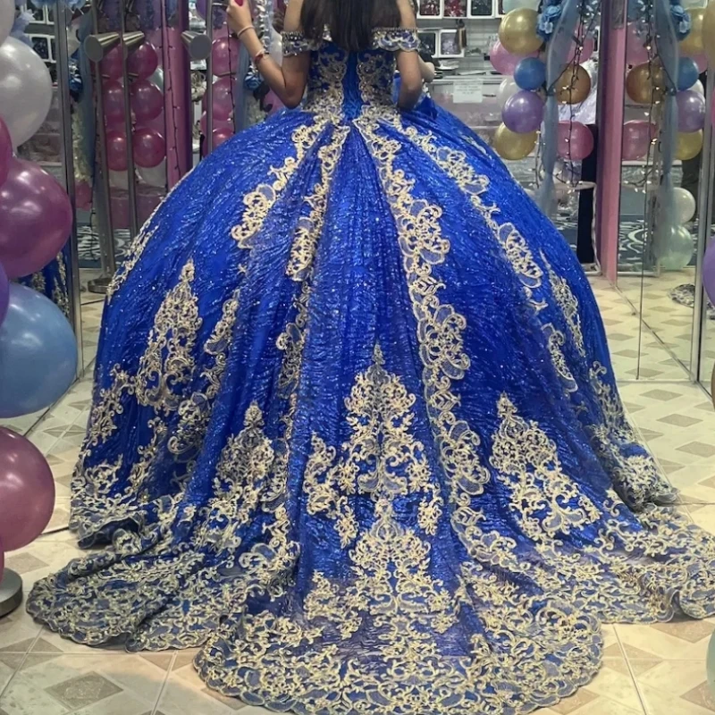 

A3791 Vintage Mexican Blue Women Prom Birthday Party Dress Lace Applique Sweet Train 15 16 Girl Quinceanera Pageant Customized