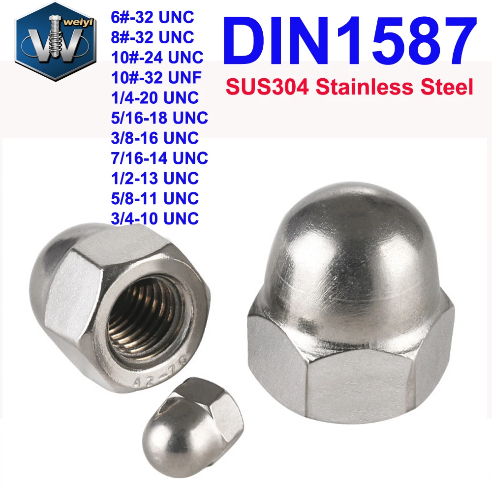 

Weiyi DIN1587 GB923 Hex Acorn Nuts 6# 8# 10# 1/4 5/16 3/8 1/2 5/8 3/4 UNC UNF SUS304 A2 Stainless Steel Hexagon Domed Cap Nut