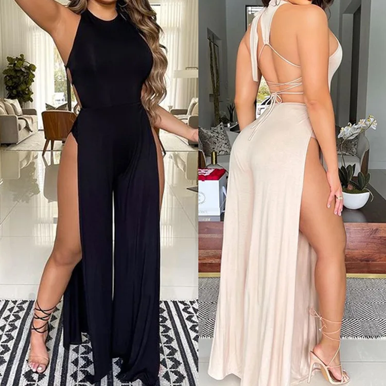 2022 Summer New Style,fashionable Women's Wear,sexy Hollow Out,nightclub Tight Open Back Jumpsuit,split,bandage,loose,black,