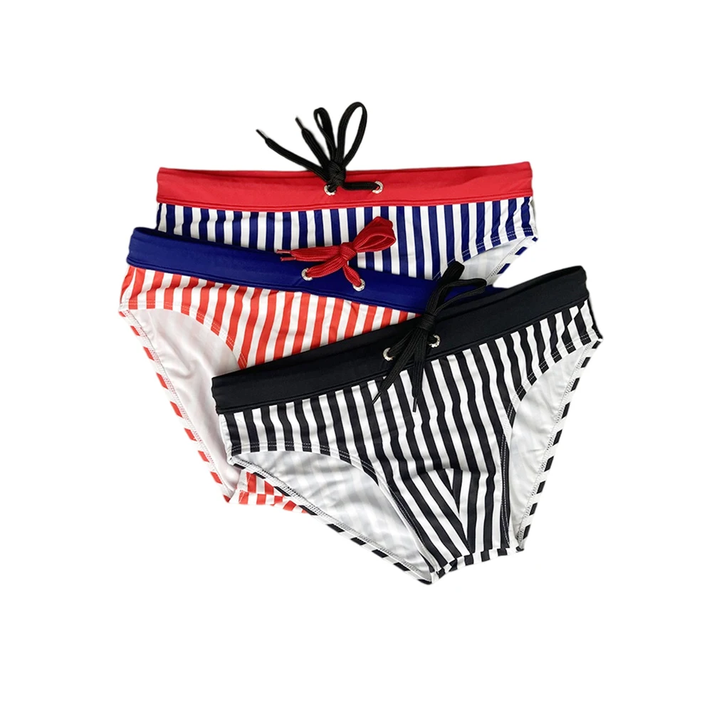 Sexy Mens Striped Swim Briefs Bikini Low Waist Pad Push Bathing Suit Nylon Quick Dry Fashion Male Sport Beach Surfing Swimwear