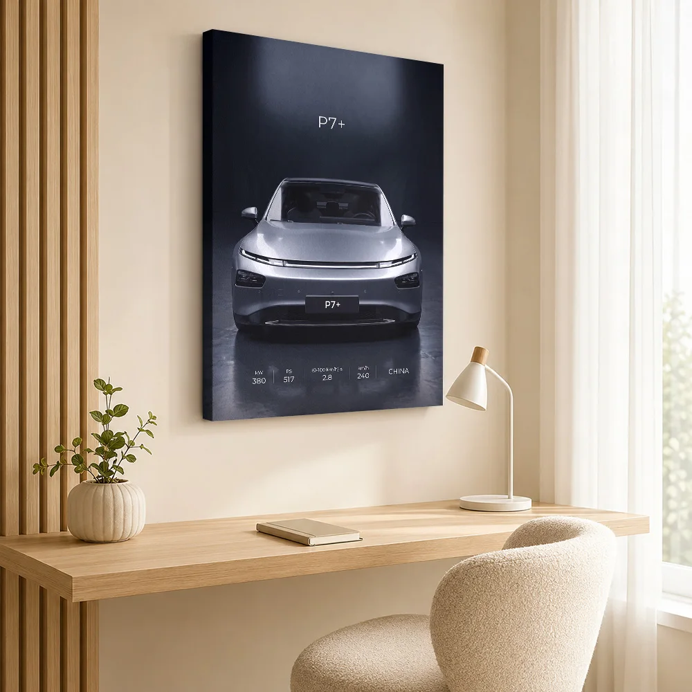 Chinese P7+ Electric Sedan Framed Canvas Print Personalized Photo Dark Backdrop Wall Art For Car Club Lounge Motoring Fan Gift