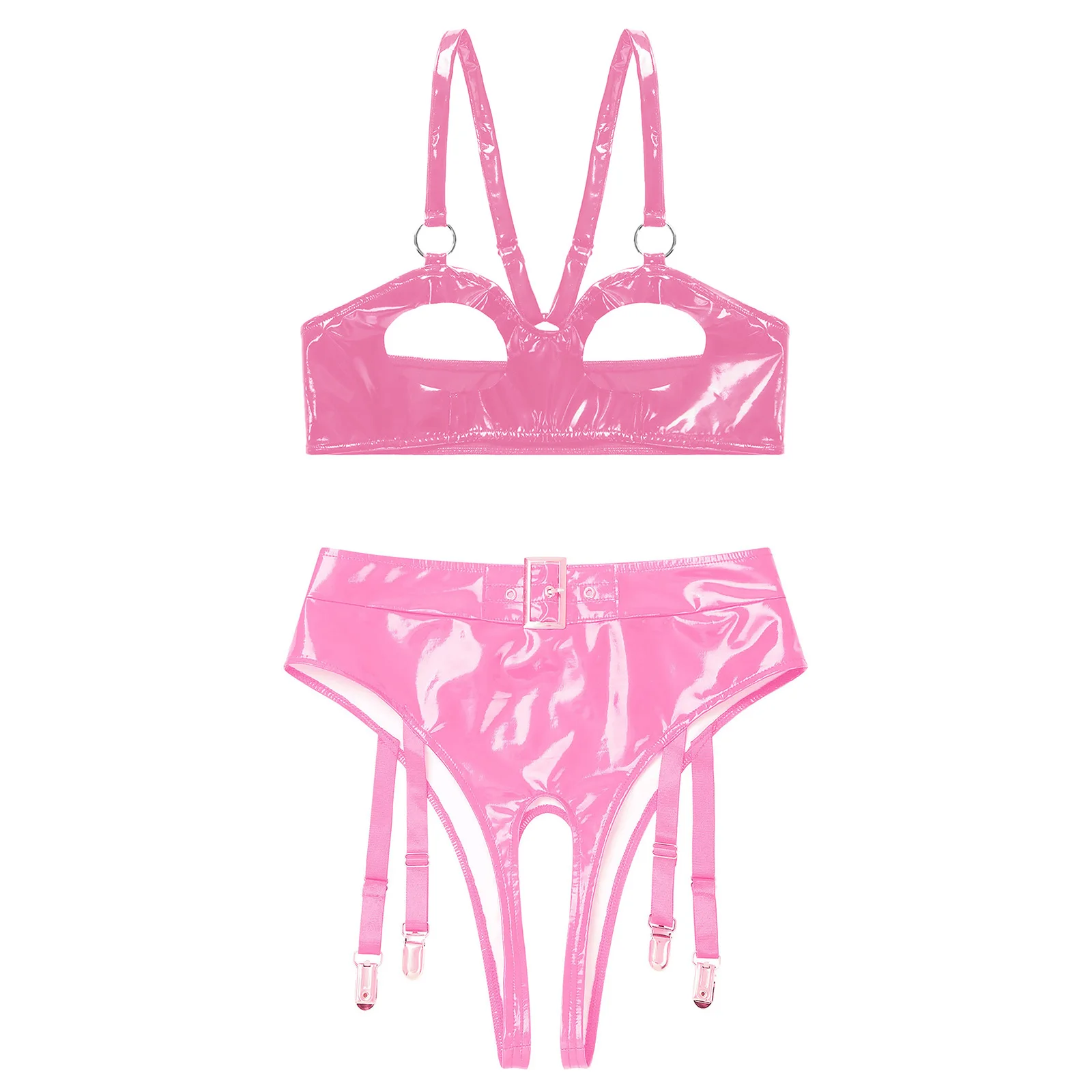 

Womens Wet Look PU Leather Outfits Clubwear Bra Top and Briefs with Garter Clips Sets for Nightclub Party Festival Street Dance