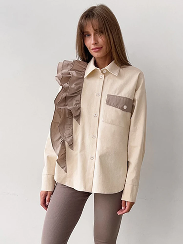 Mueyaruho 2023 Autumn Winter Women Shirt Solid Beige Casual Long Sleeve Ruffles Blouse For Women