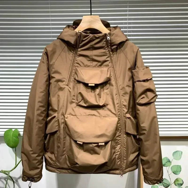 Autumn Winter New Men's Loose Casual Cotton Coat Hooded Large Pocket Double Zipper Pullover Jacket Solid Color Long Sleeves Tops