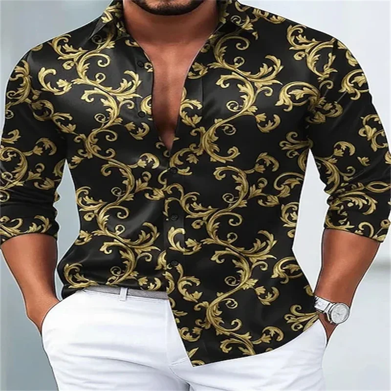 

2026 men's retro Baroque palace print men's button pocket long sleeved shirt casual gift