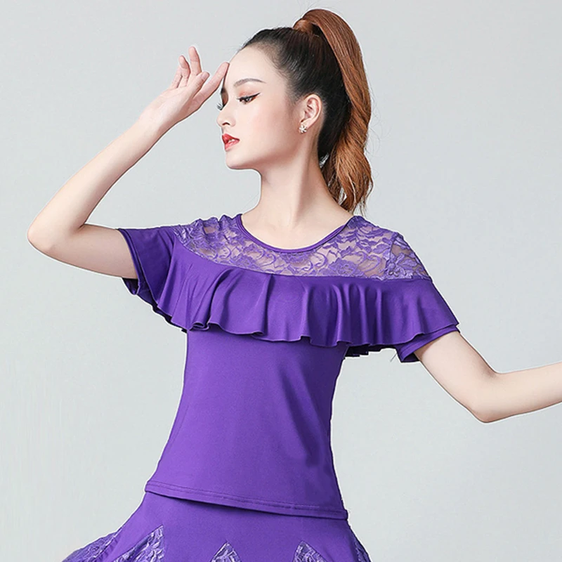 Women Latin Dance Tops Tango Jazz Waltz Ballroom Dancing Shirts Short Sleeve Ruffles T-shirts Dance Practice Performance Costume