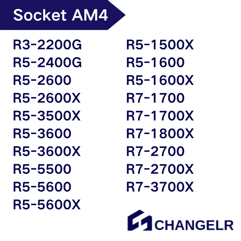R3-2200G R5-1500X 1600 1600X 2400G 2600 2600X 3500X 3600 3600X R5-5500 R5-5600 R5-5600X R7-1700 1700X 1800X R7-2700 2700x 3700x