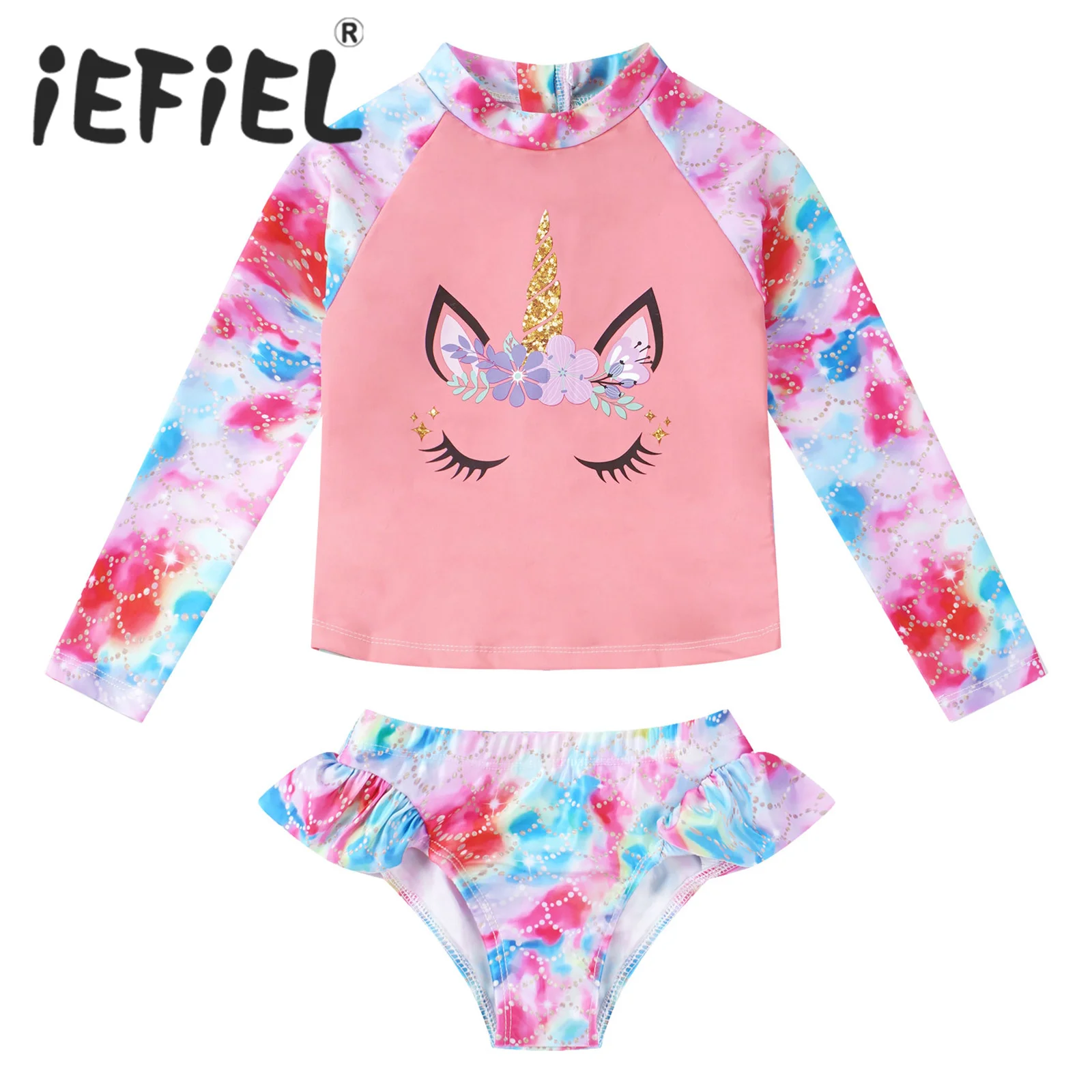 2Pcs Kids Girls Fish Scales Print Swimsuits Beach Outfits Cartoon Horse Print Tops and Briefs Set Beach Swimwear Bathing Suits