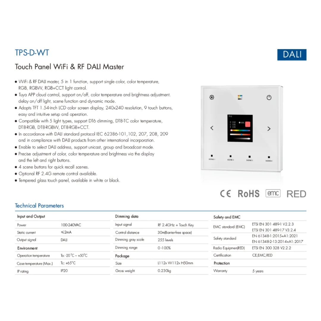 AC100-240V TPS-D-WT Tuya App 5in1 WiFi+RF Wall Mounted Touch DALI Panel 1CH*2mA Single Color CCT RGB RGBW RGBCCT Led Strip Light