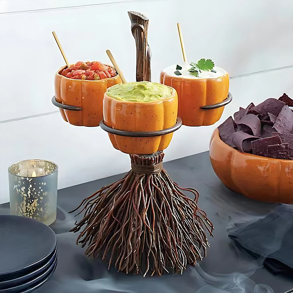 Unique Halloween Pumpkin Snack Tray For Small And Light Snacks Reusable Broomstick Snack Bowl Stand Six pumpkin cups